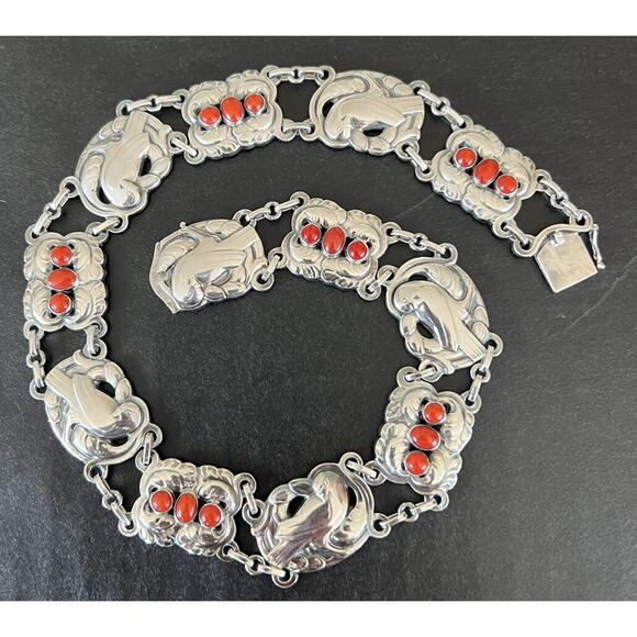 Georg Jensen Denmark Sterling Silver Coral Dove Bird Panel Links Necklace No. 17 - Picture 8 of 10